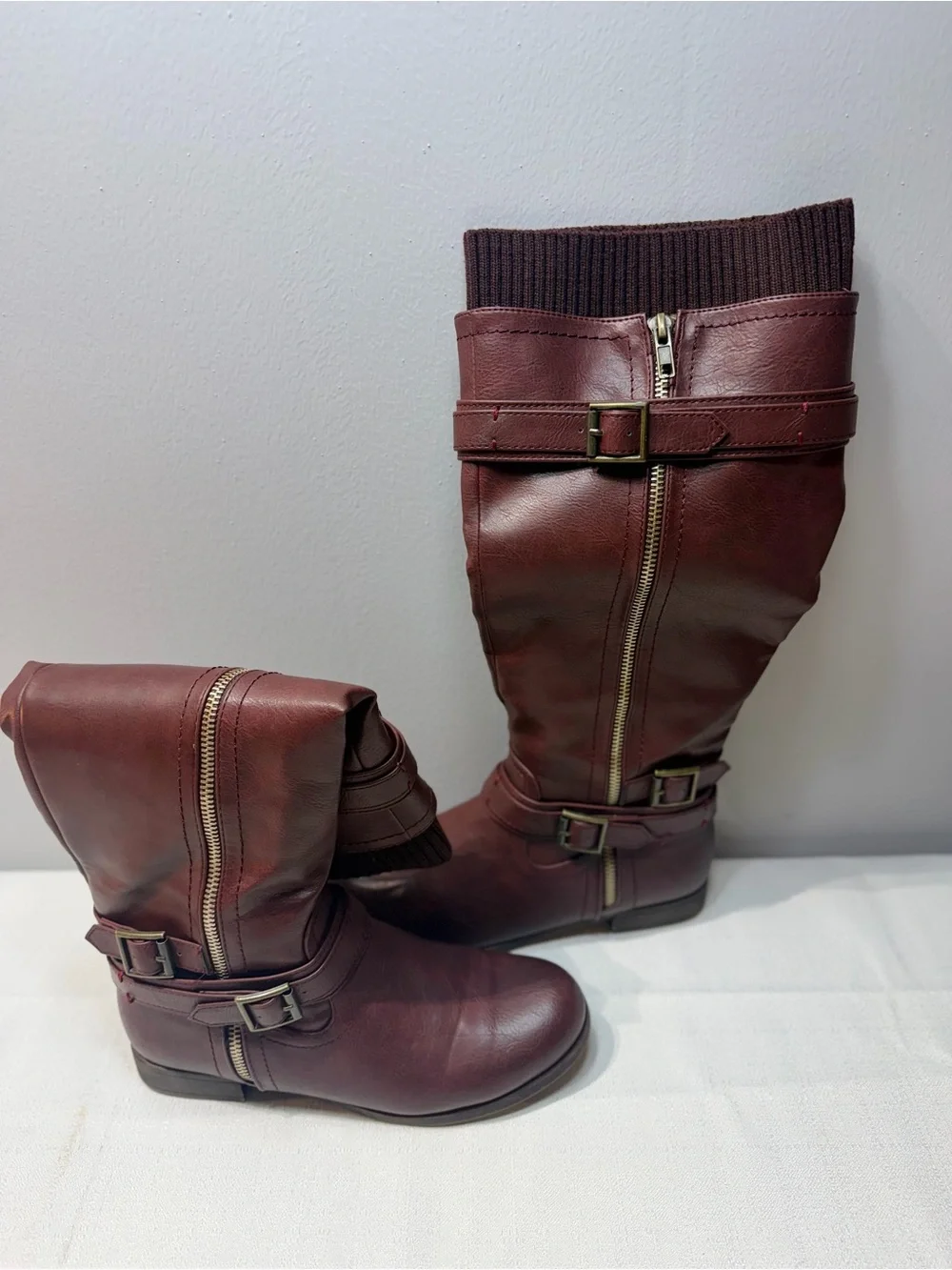 JustFab Wine-Red Tall Riding Boots with Knit Cuff & Buckle Details